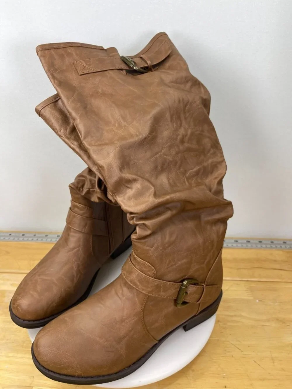 Women’s Tall Riding Boots Tan Buckle Strap Slouch Zip Size 9